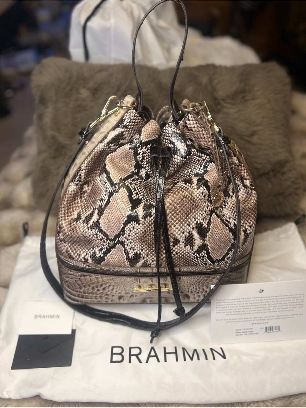 New! Brahmin Marlowe Alabaster Fontaine snakeskin & croc bucket bag (MSRP $366)